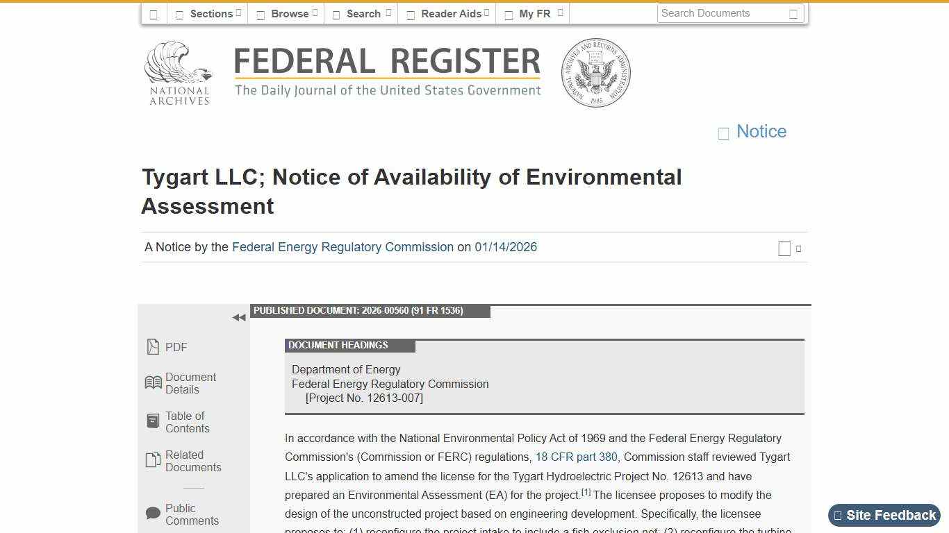 Federal Register :: Tygart LLC; Notice of Availability of Environmental Assessment